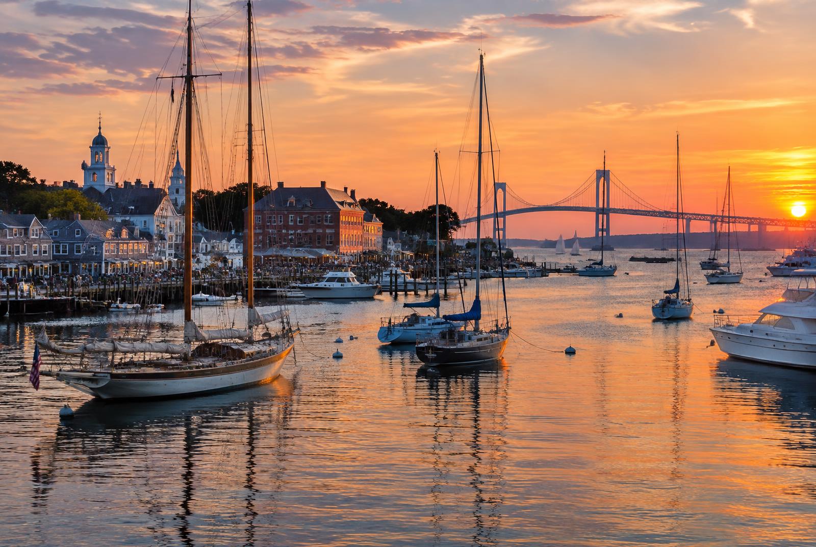 Newport Harbor at sunset with sailboats and the Newport Bridge